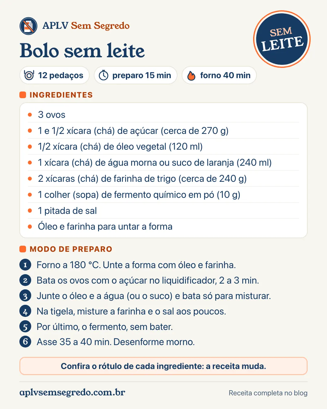 Receita de bolo sem leite simples de liquidificador: ingredientes e modo de preparo em um cartão