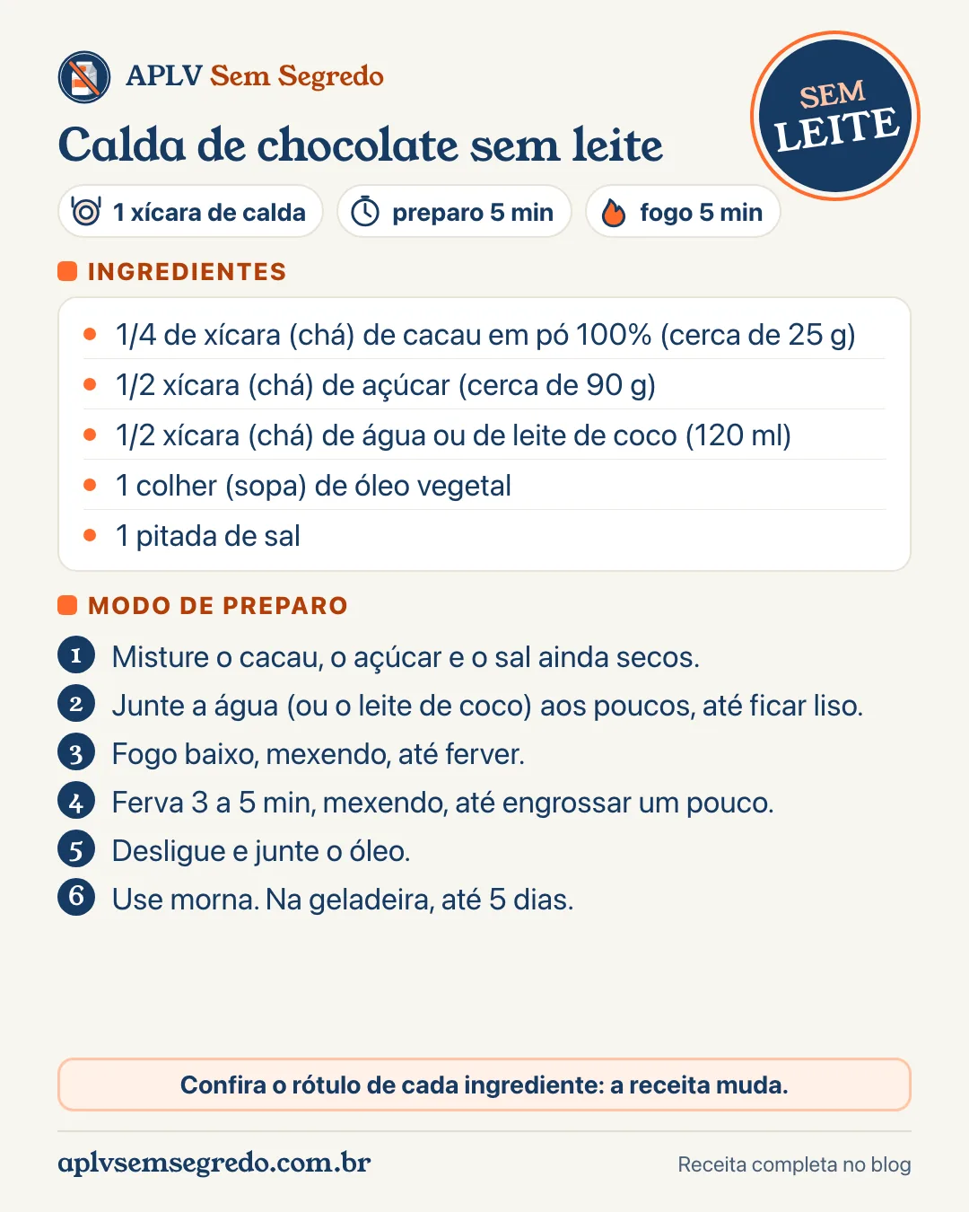 Receita de calda de chocolate sem leite: ingredientes e modo de preparo em um cartão
