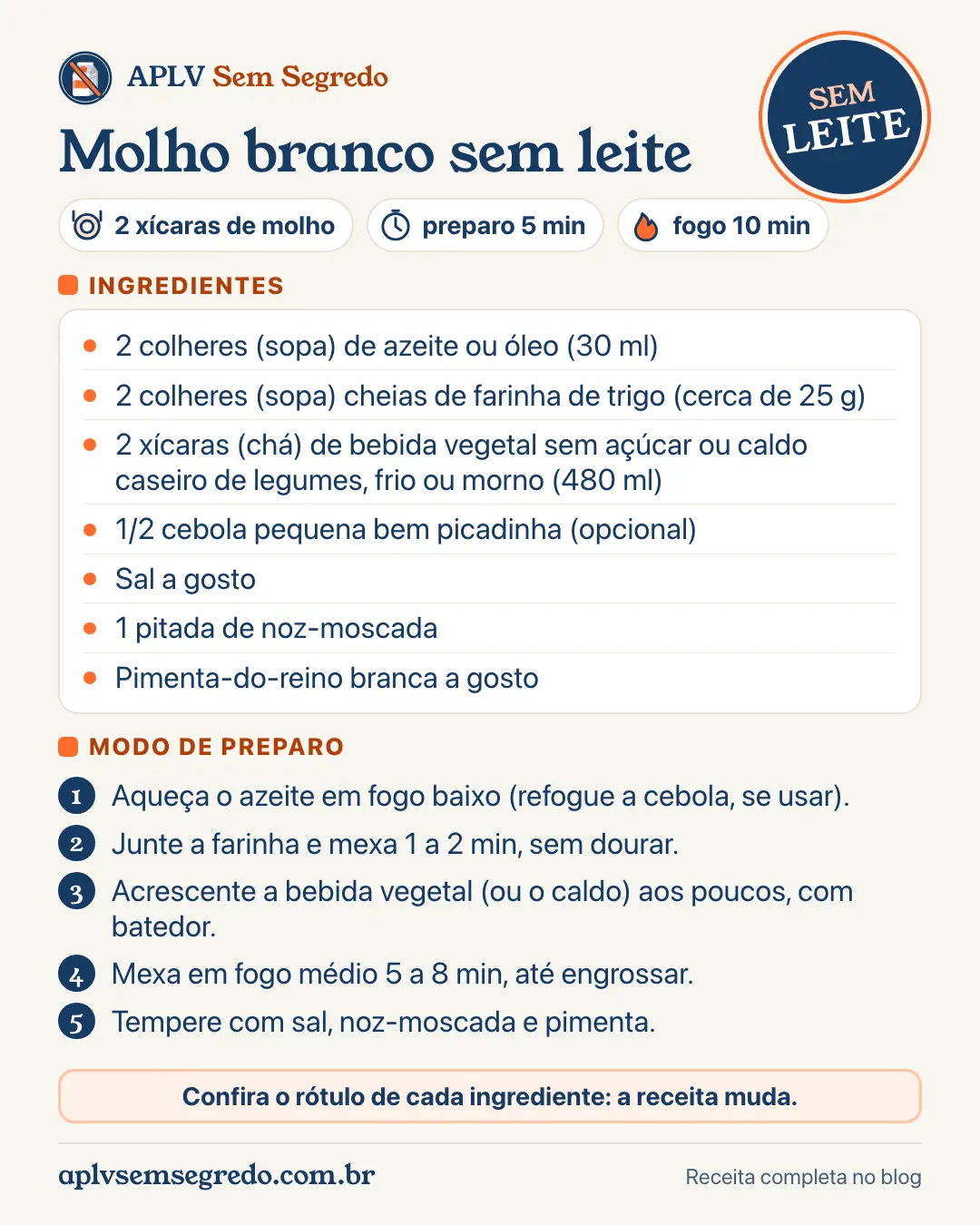 Receita de molho branco sem leite: ingredientes e modo de preparo em um cartão