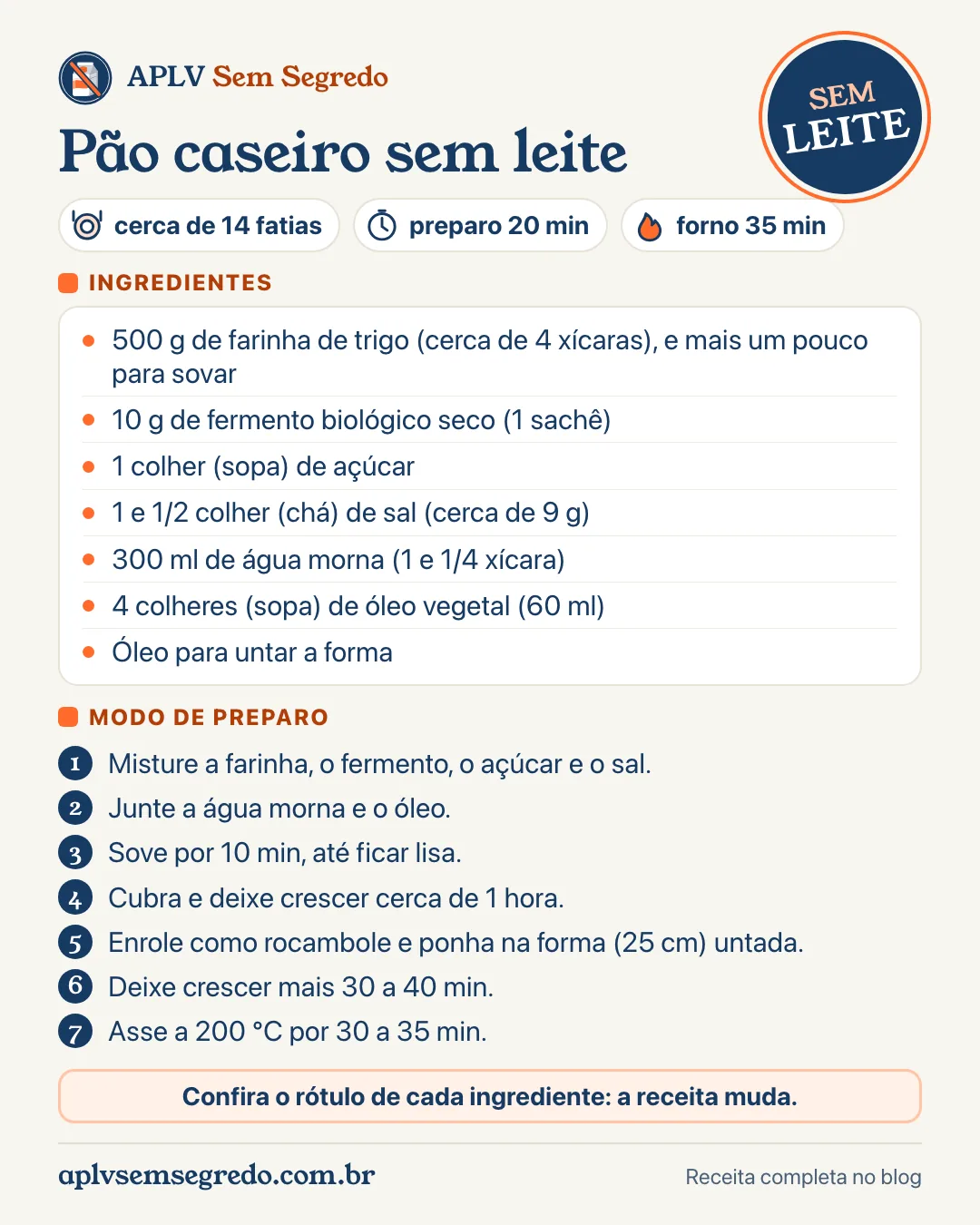 Receita de pão caseiro sem leite: ingredientes e modo de preparo em um cartão